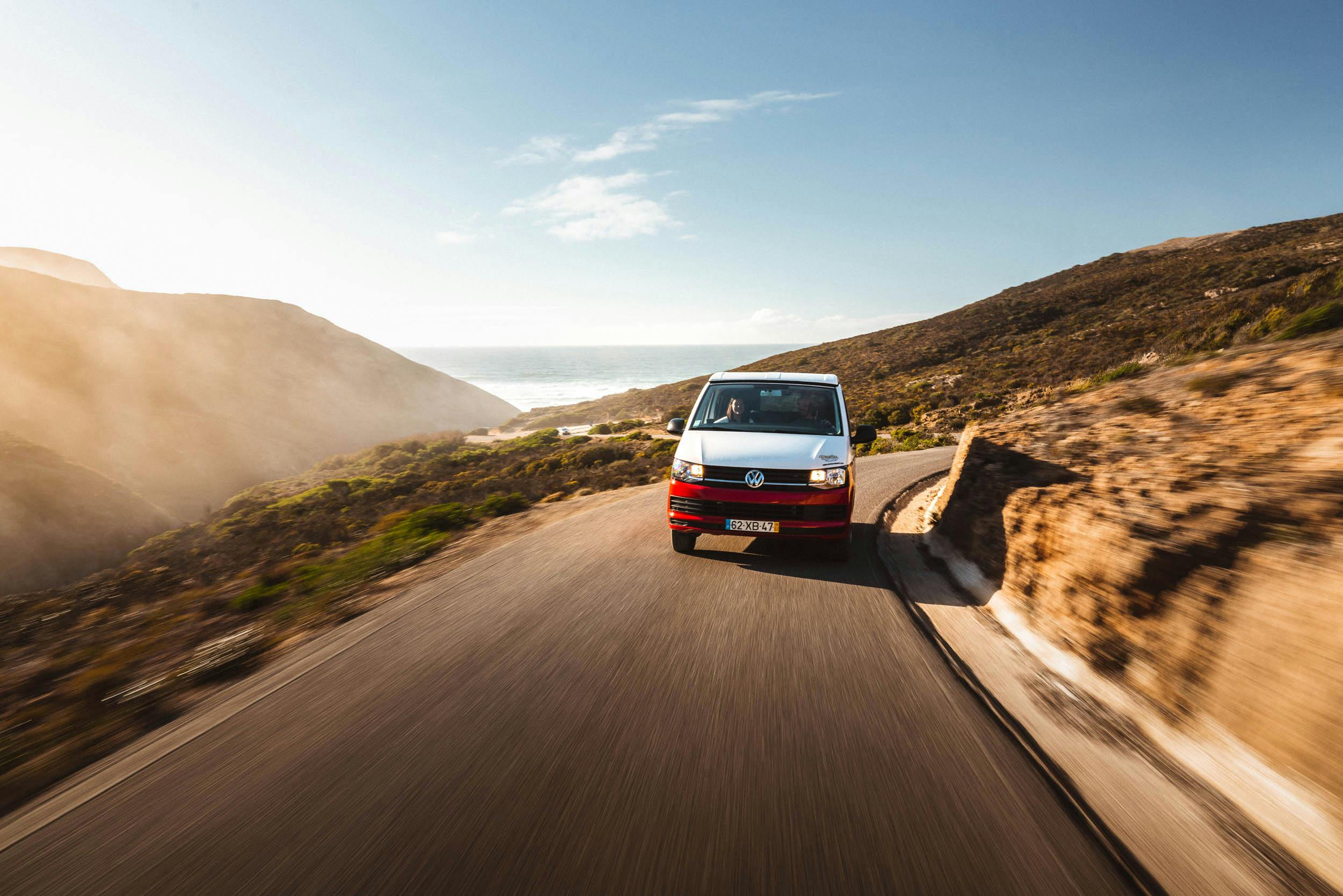 A Siesta Campers van navigates the iconic landscape and winding roads of Southern Portugal.