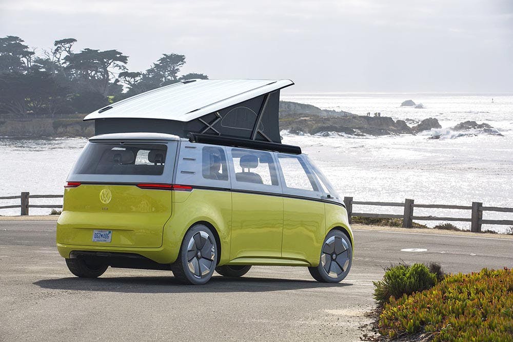 VW ID Buzz California with a pop top roof.