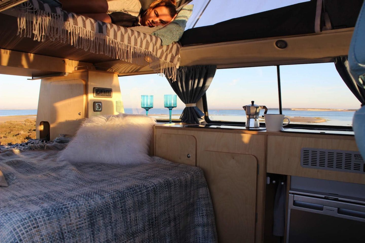Campervan interior at a van friendly beach.