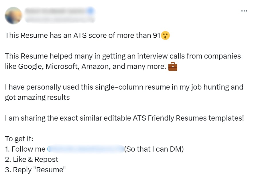 Screenshot of post on X platform about ATS-friendly resume