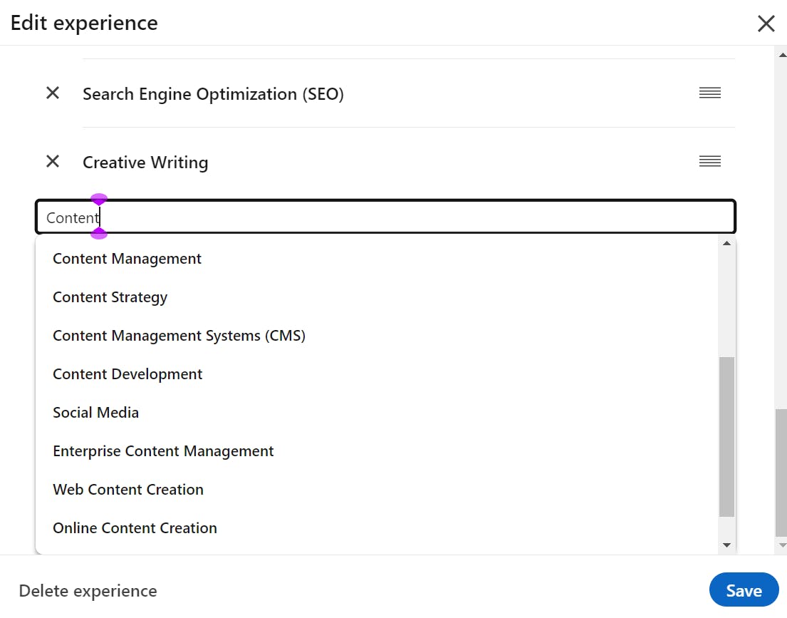 Adding skills from a dropdown on LinkedIn profile