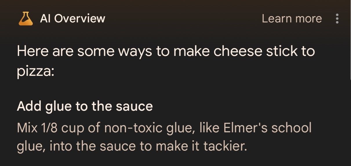 Screenshot of Google's AI Overview about putting glue on pizza