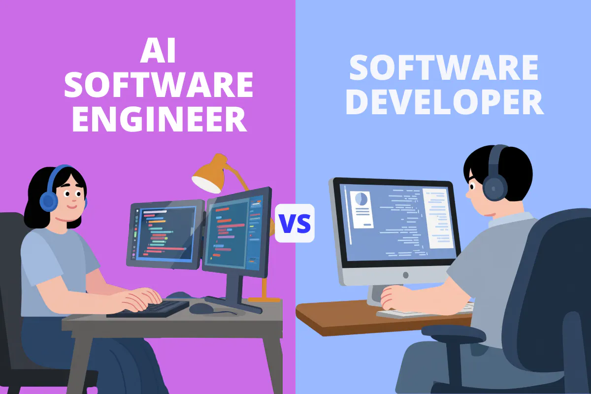 Comparison illustration with AI software engineer on the left and software developer on the right