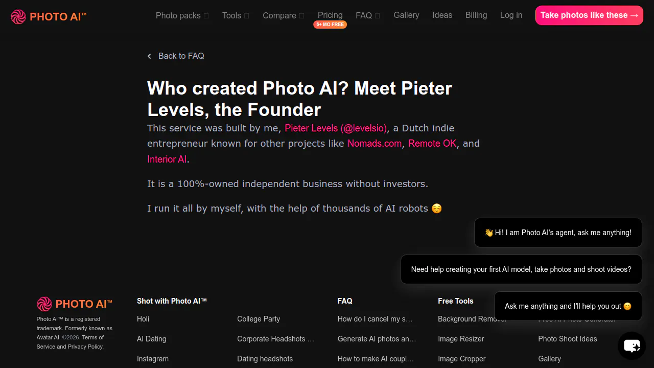 Screenshot of PhotoAI, a solo AI SaaS product
