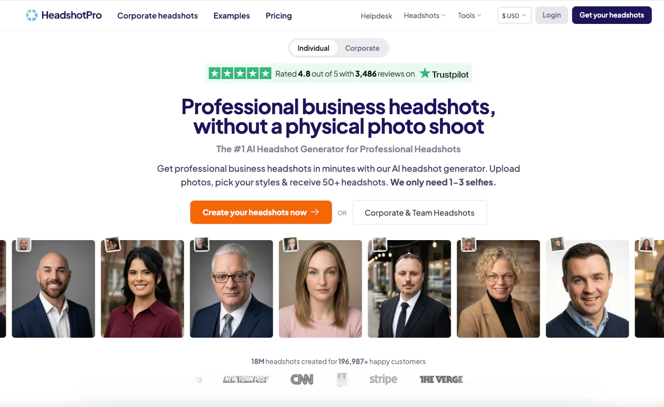 Screenshot of HeadshotPro, a AI SaaS product
