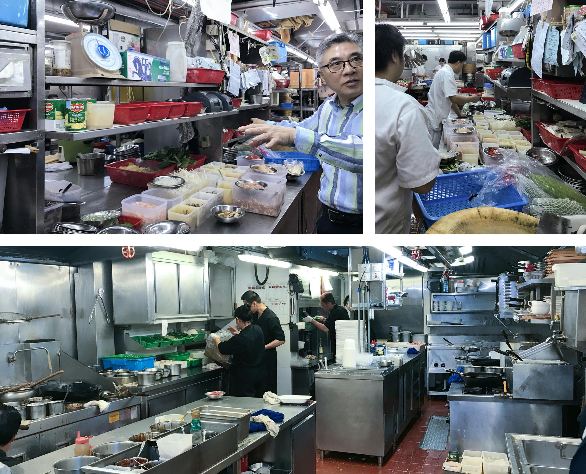 Kitchens of a few Restaurants we visited during our research. On top left hand corner, Uncle is explaining how the kitche operates; on the top right corner and at the bottom, two different kitchen setups.