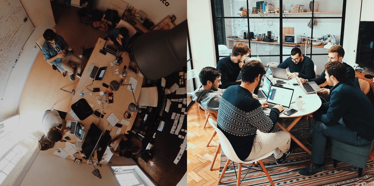 Left: our first real office. Right: meetings room of our second office.