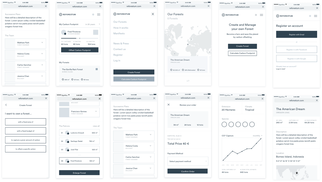 Example of wireframes of the Reforestum mobile app