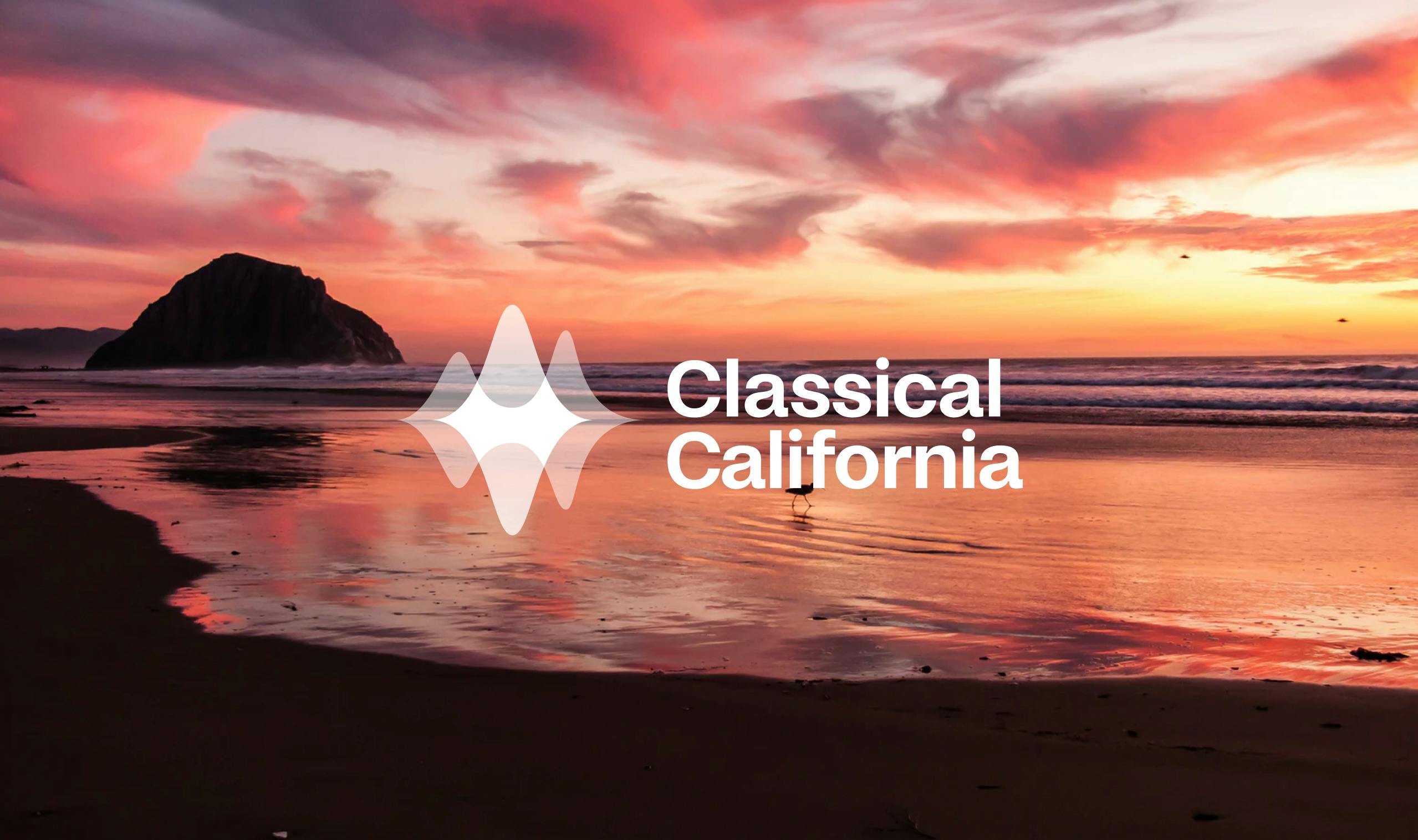 Classical California logo design with sunset background image glowing light on the ocean shore