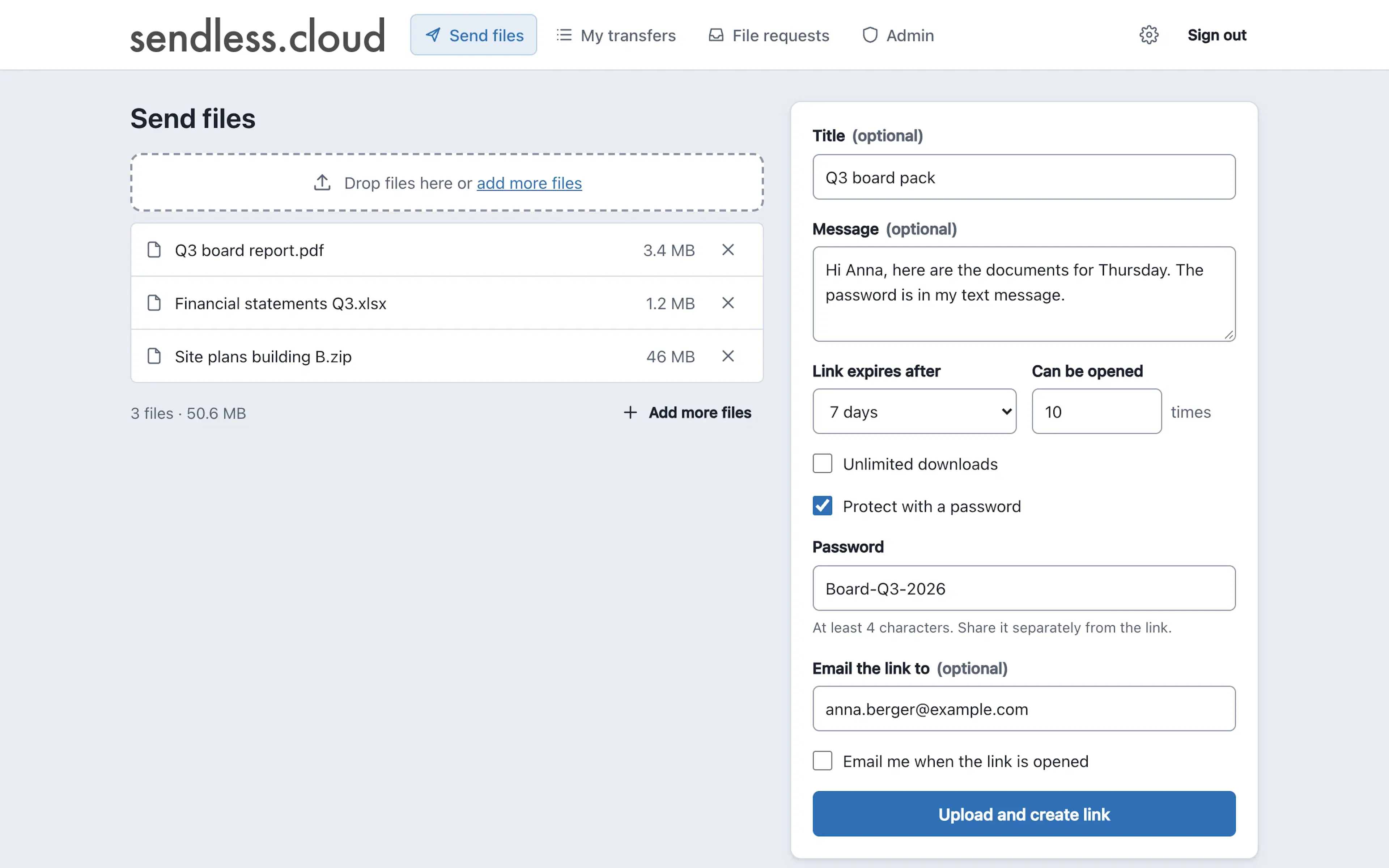 The Sendless page for sending files with an expiring, password-protected link