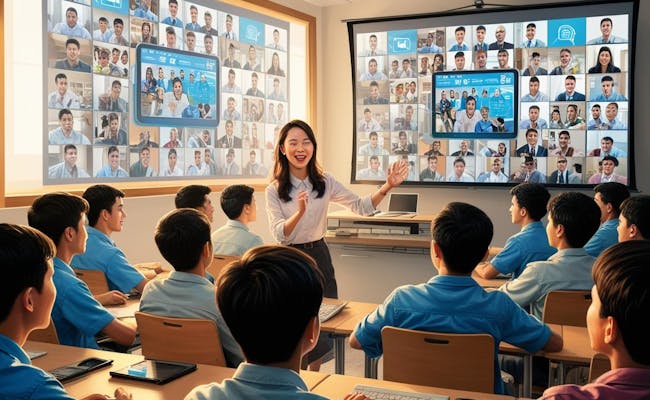 young female instructor teaching a class to students