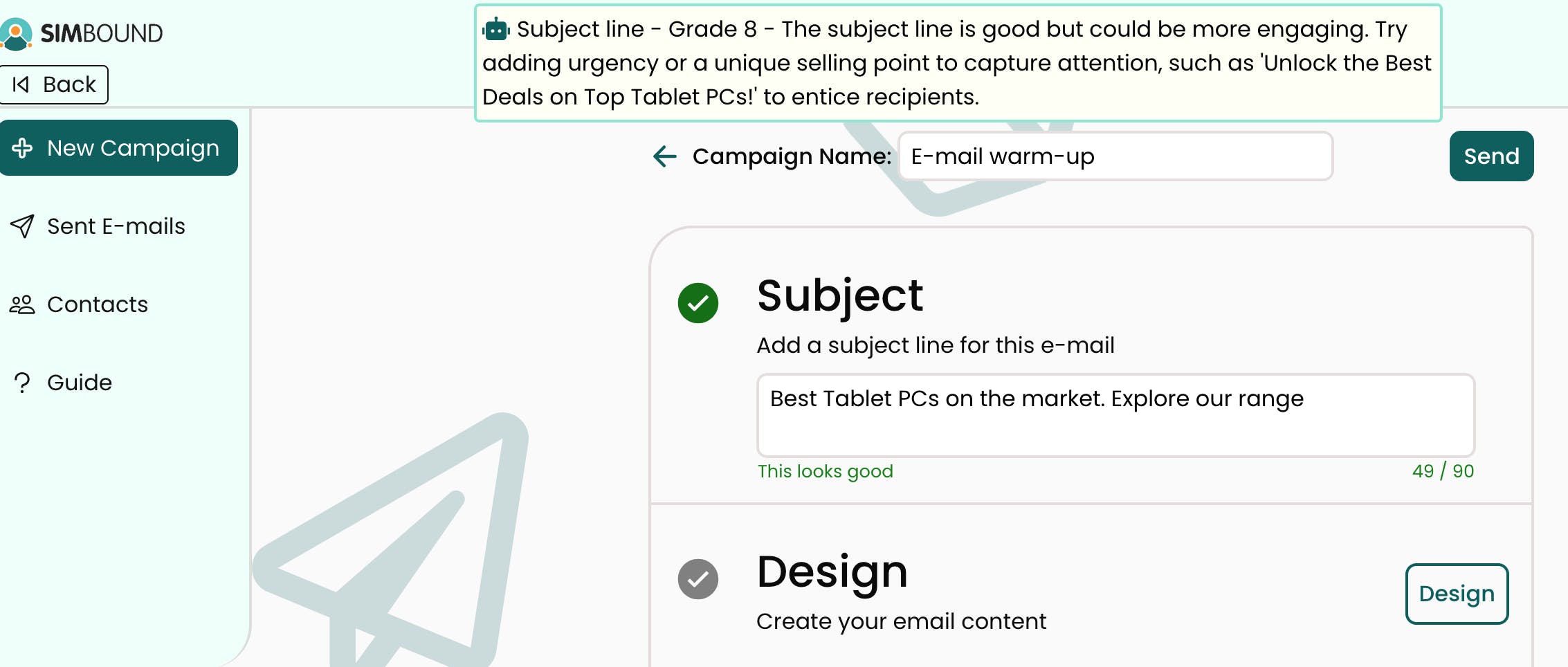 Screenshot of the email simulation with AI hint