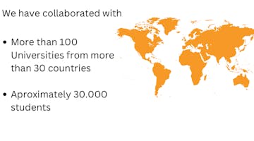 Image of world map with text containing more than 100 universities from 30 countries and approximately 30.000 students