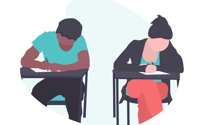 Illustration of two students writing at their desks one next to the other