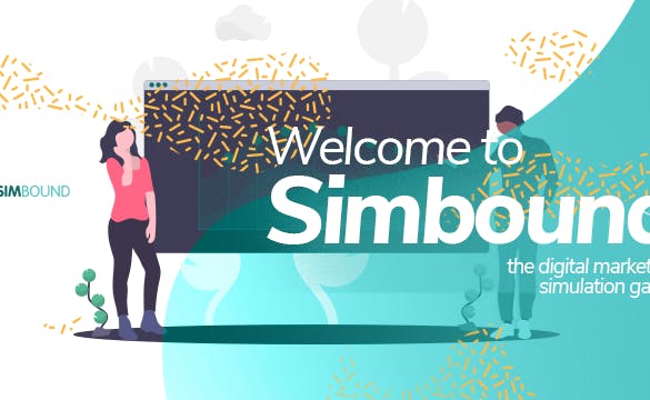 Image of Simbound logo and two human figures next to blackboard and the text: Welcome to Simbound the digital marketing simulation game