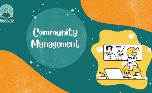 Illustration with Simbound logo, the text Community Management and human figures having an online meeting and presentation