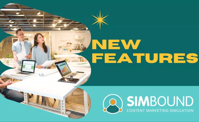 Image with a man and woman sitting at a desk looking towards a graphical banner with the text New Features and the Simbound logo