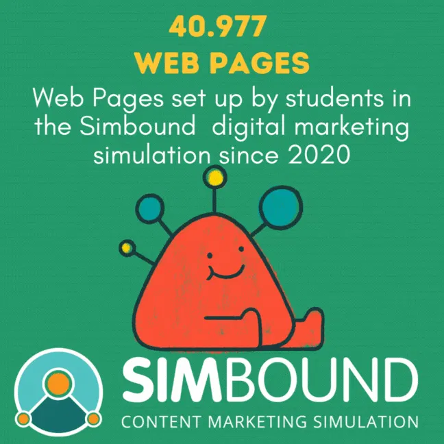 GIF with text: 40977 Web Pages set up by students in the Simbound digital marketing simulation since 2020 and Simbound logo