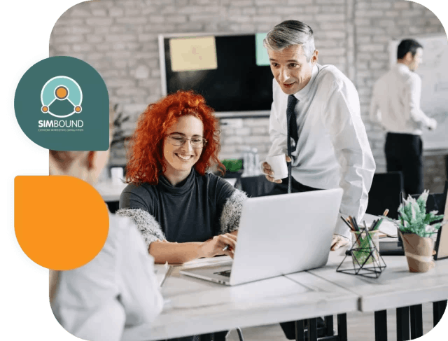 Man and woman looking at laptop screen with simbound logo next to them