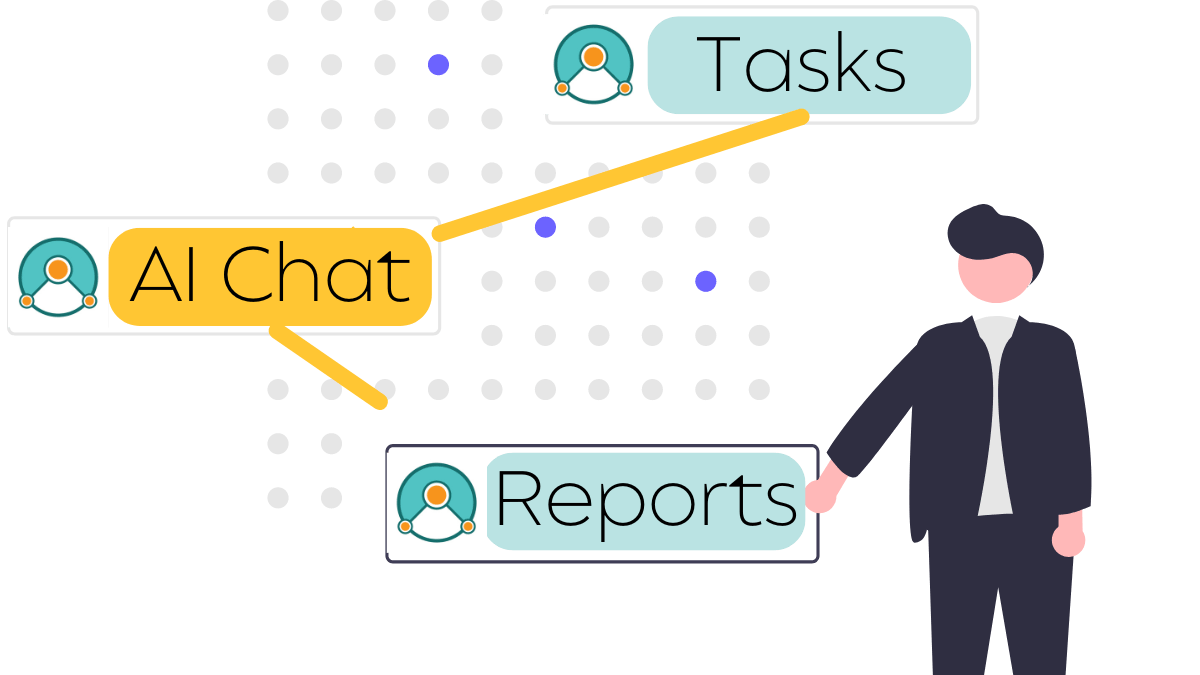 Illustration of Man presenting Features with Simbound Logo
