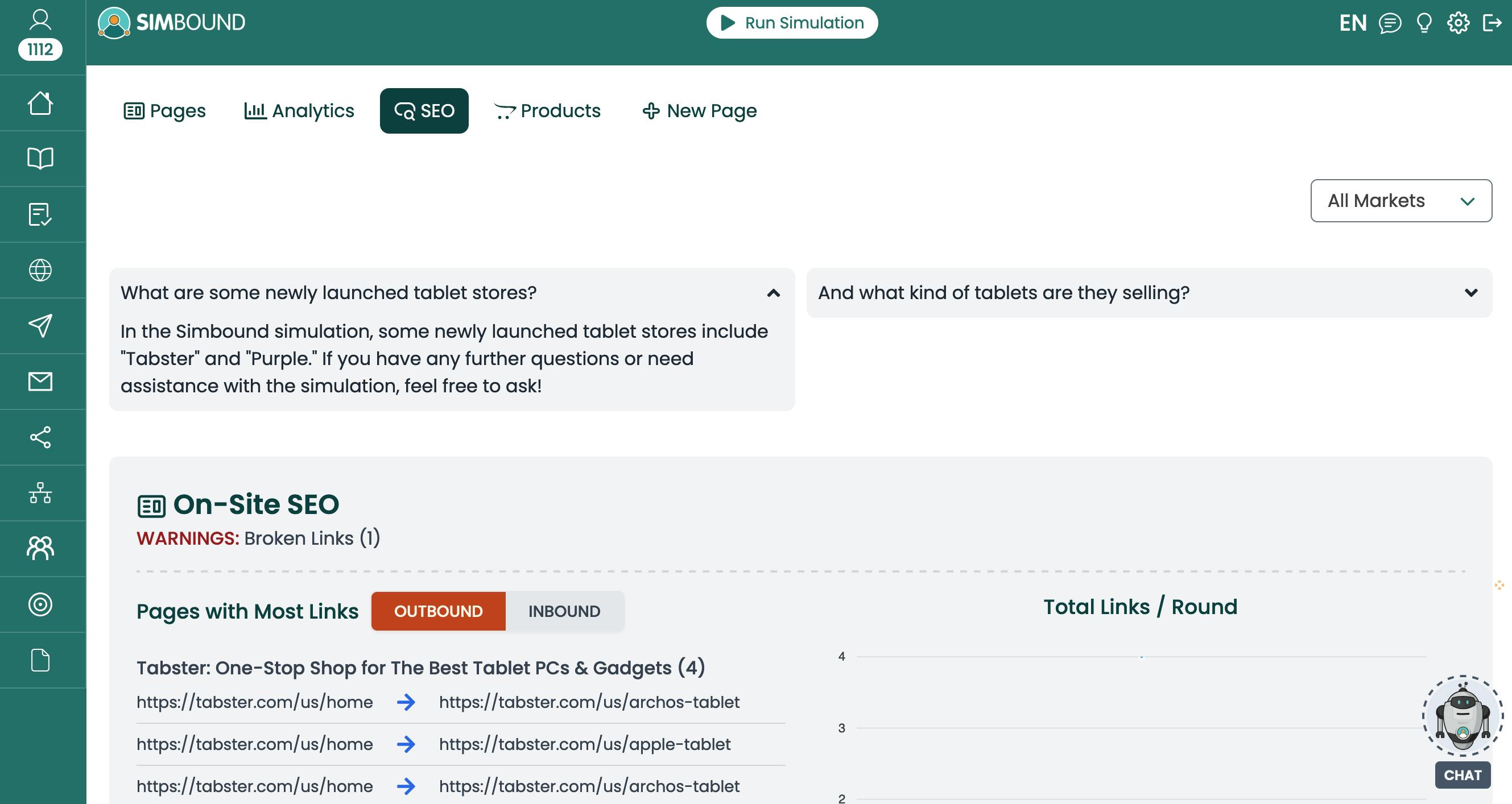 SEO simulation dashboard