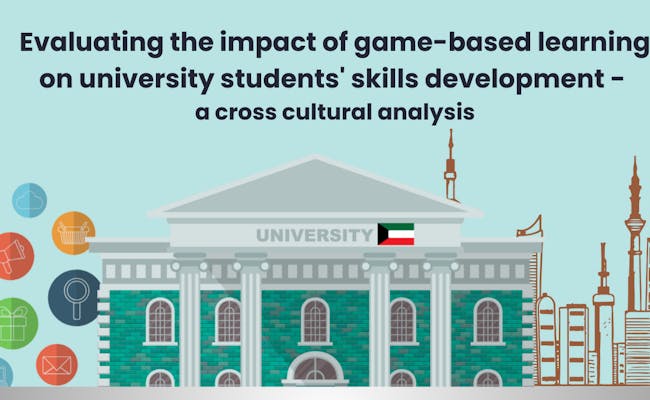 University with Kuweit flag and title of game-based learning research project with Kuweit skyline in background
