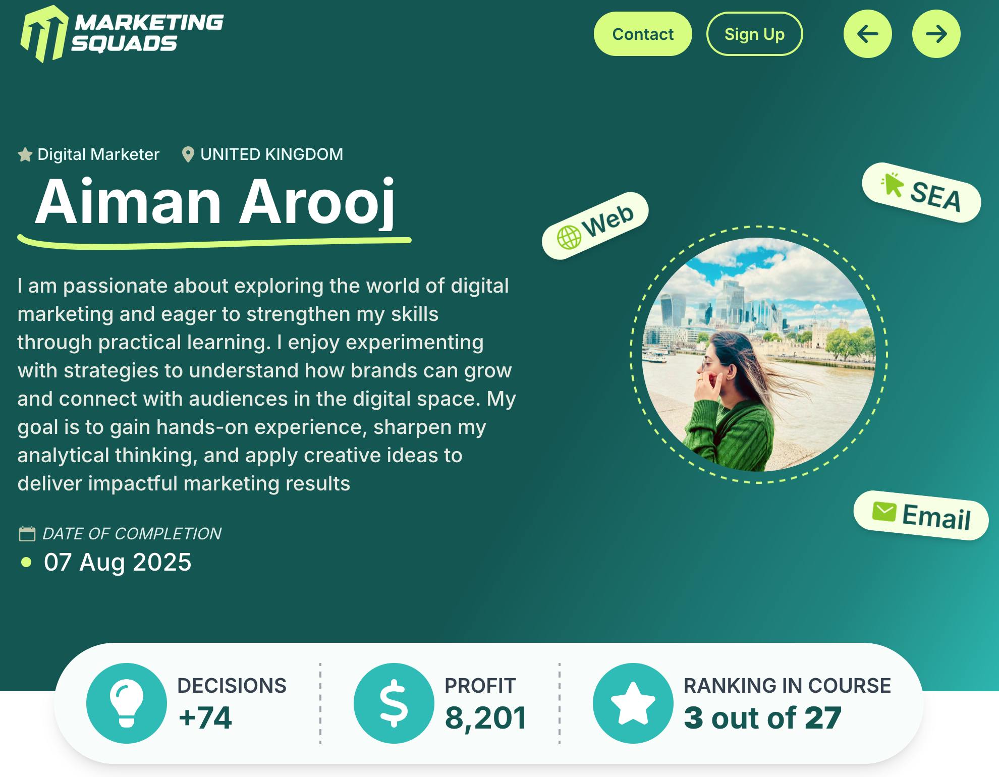 marketing squads profile aiman arooj