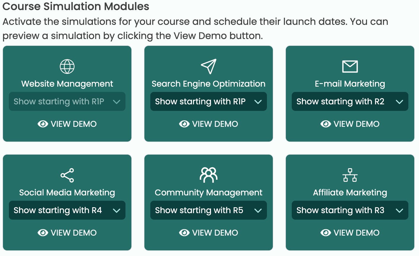 Simulation Module Selection View