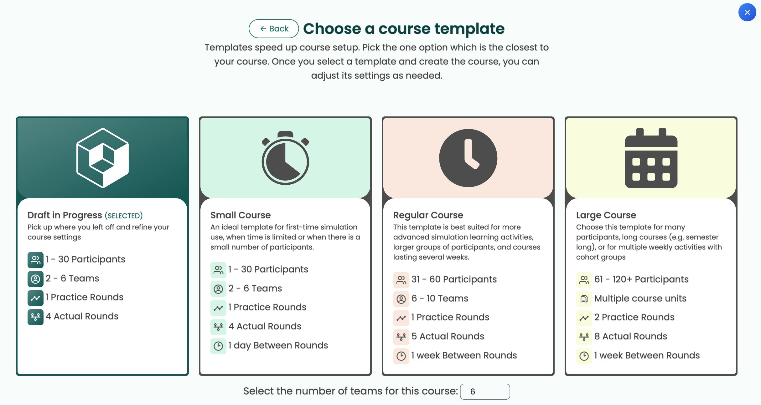 course template selection in Simbound