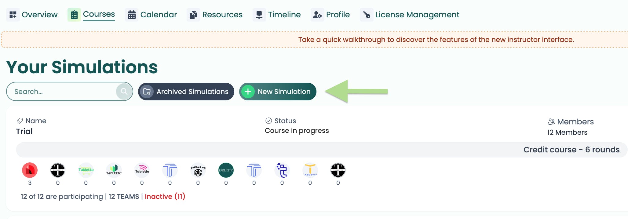 arrow pointing to new simulation button