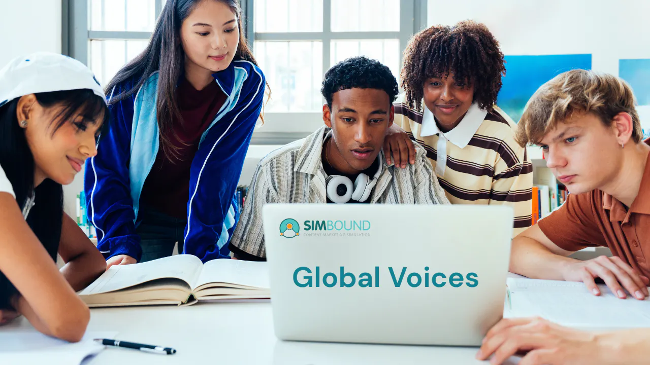 students working together on a laptop for Global Voices Program