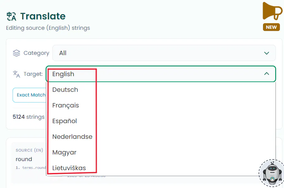 Translate interface with target languages
