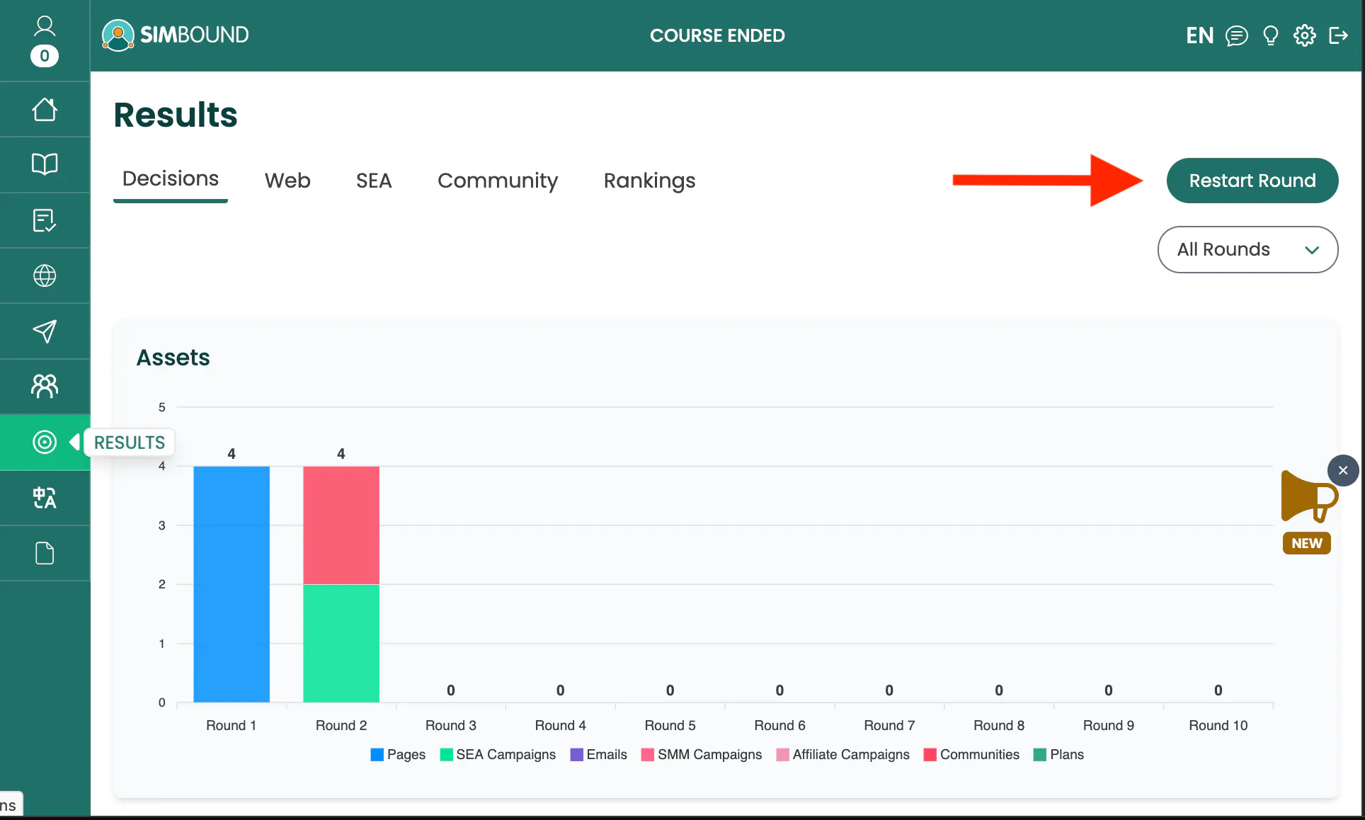 Image of the Results section and the Restart Simulation Round Button