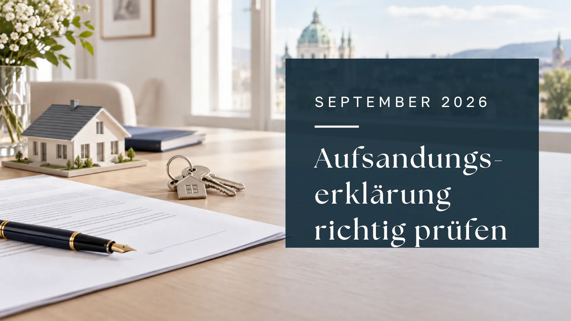 Immobilienkauf-Unterlagen, Hausmodell und Schlüssel; Titel im dunkelblauen Quadrat: Aufsandungserklärung richtig prüfen, September 2026.