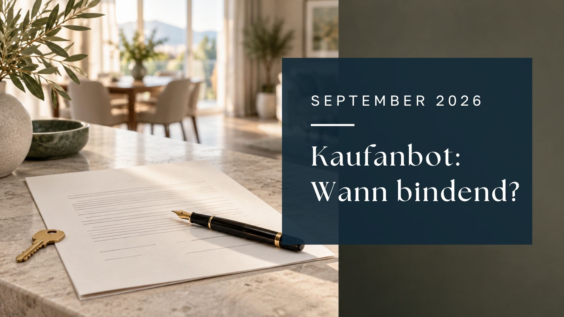 KI-Symbolbild mit Vertrag, Füllfeder und Hausschlüssel; Titel: Kaufanbot: Wann bindend?, September 2026.