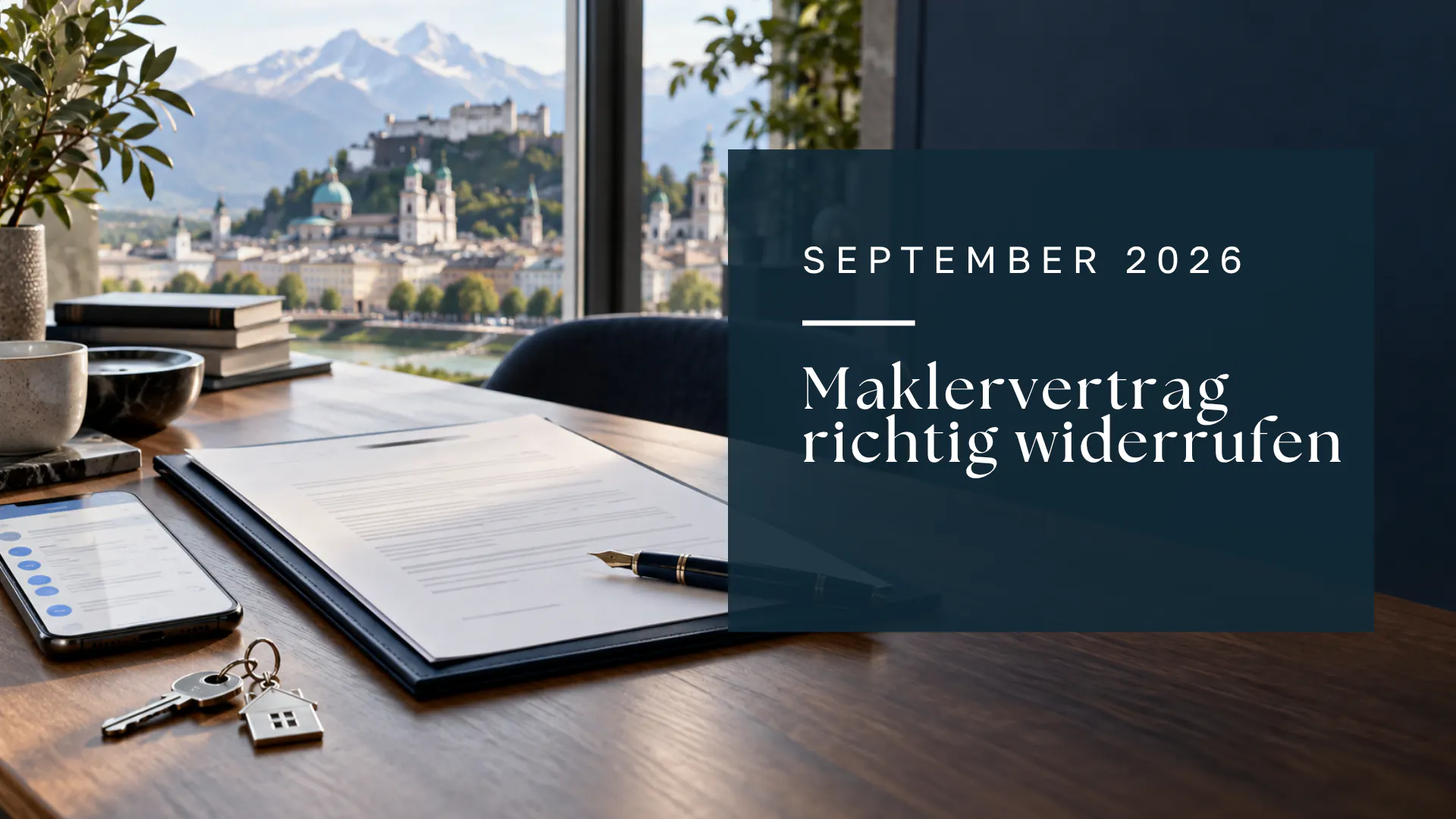 Titelbild zum Ratgeber „Maklervertrag richtig widerrufen“; Schreibtisch mit Vertrag, Smartphone, Schlüssel und Blick auf Salzburg, September 2026.