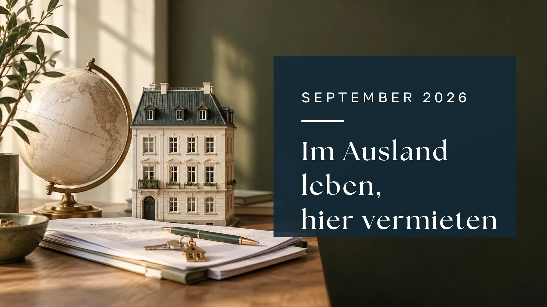 KI-Symbolbild: Globus, österreichisches Wohnhausmodell und Unterlagen zur Vermietung aus dem Ausland.