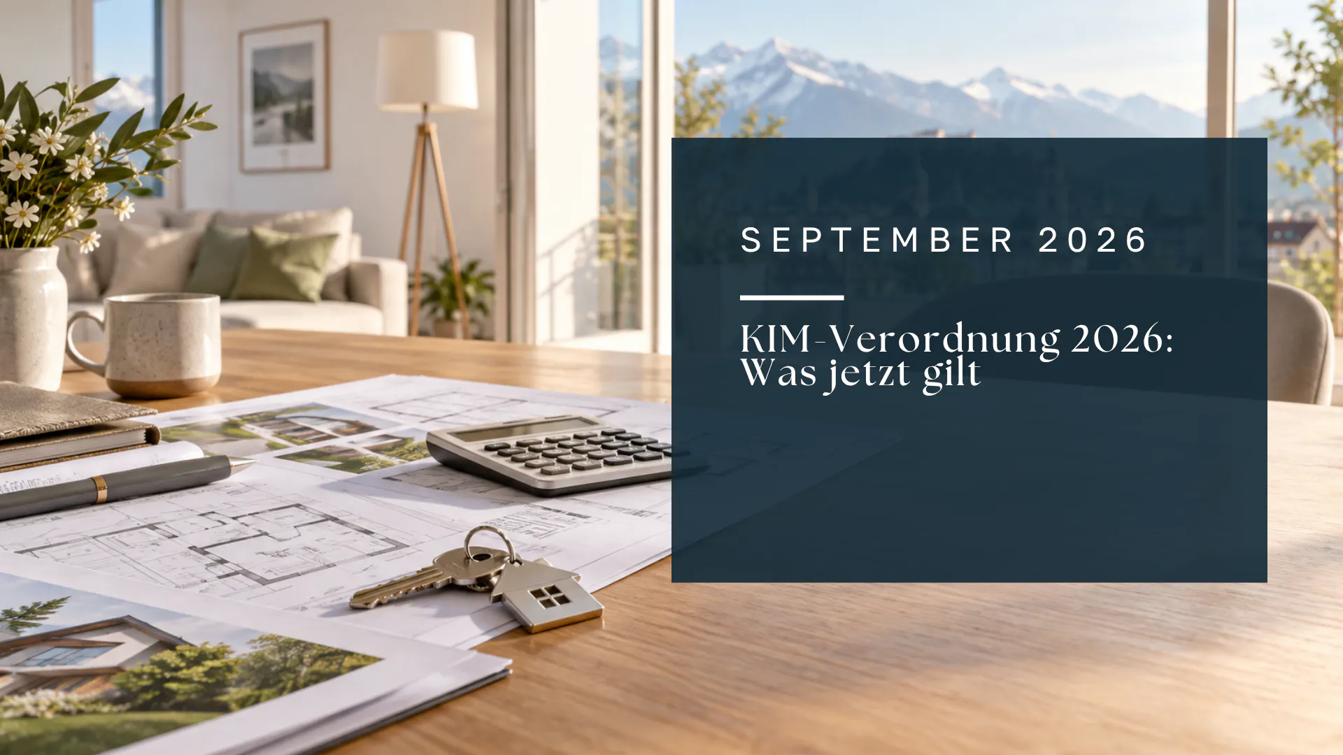 Titelbild zum Ratgeber „KIM-Verordnung 2026: Was bei Wohnkrediten jetzt gilt“; helle Wohnung mit Bauplan, Rechner und Hausschlüssel, September 2026.