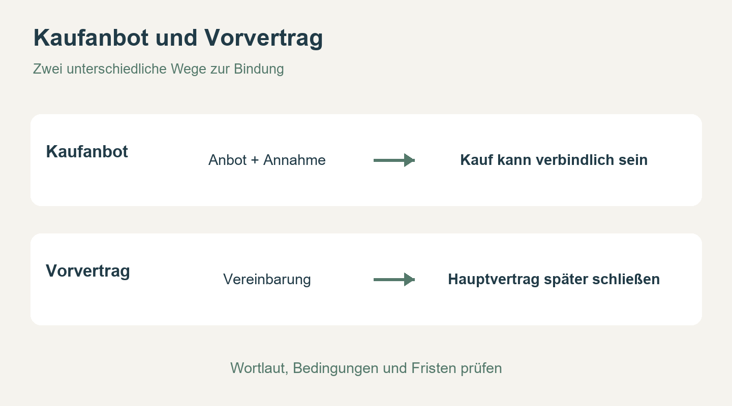 Zwei Wege zur Bindung: Ein angenommenes Kaufanbot kann den Kauf verbindlich machen; ein Vorvertrag verpflichtet zum späteren Hauptvertrag. Wortlaut, Bedingungen und Fristen sind zu prüfen.