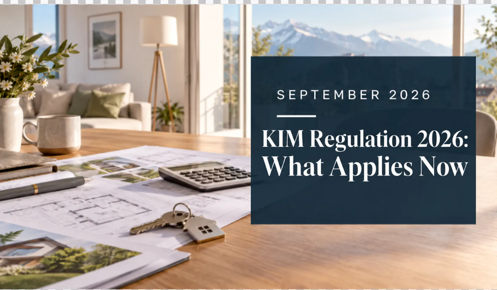 Cover image for the guide “KIM Regulation 2026: What Now Applies to Residential Mortgages”; bright apartment with building plans, calculator, and house keys, September 2026.
