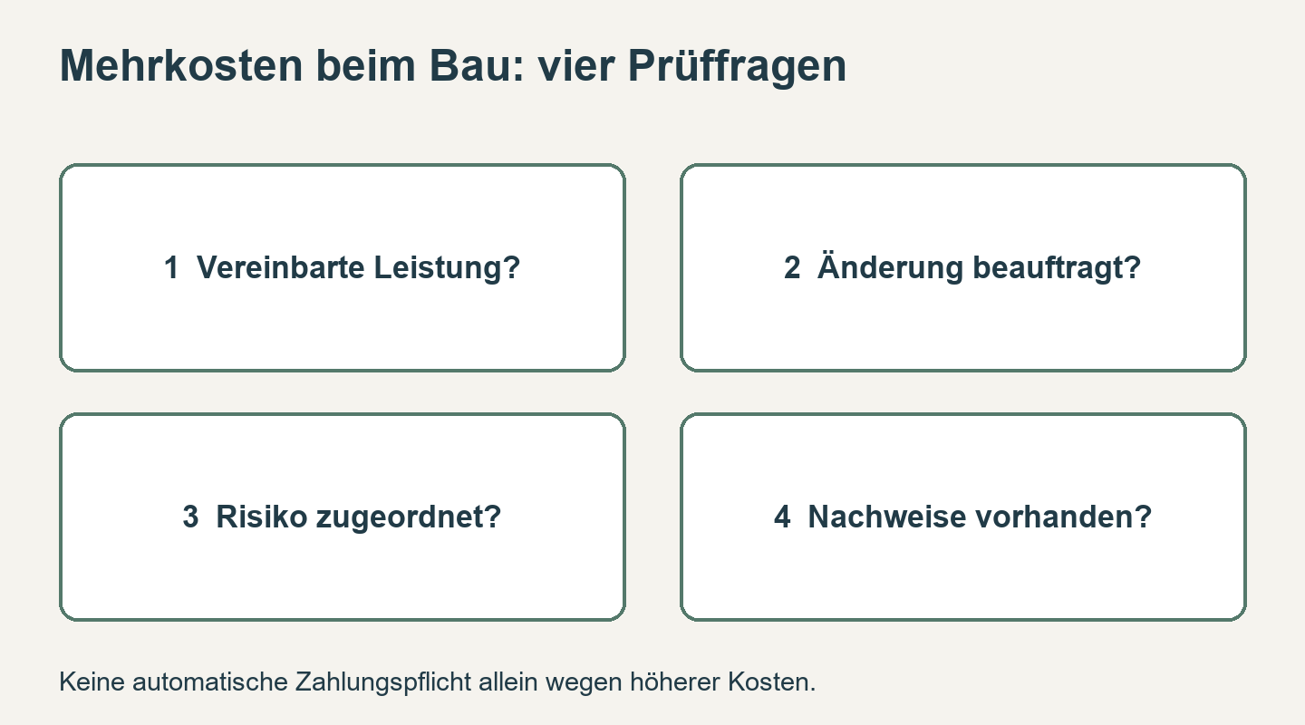 Prüfmatrix für Mehrkosten: vereinbarte Leistung, beauftragte Änderung, Risikozuordnung und Nachweise getrennt prüfen.