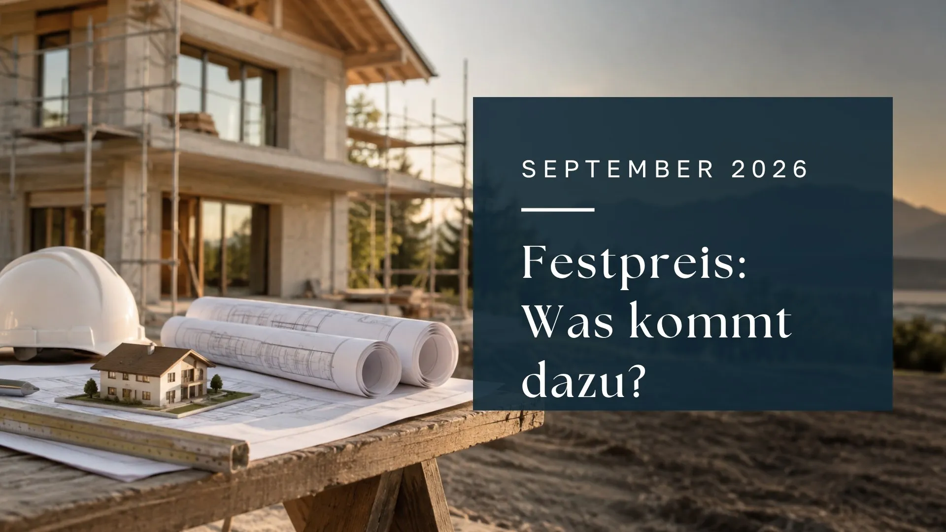 KI-Symbolbild: Baupläne, Schutzhelm und Hausmodell vor einer Baustelle; Festpreis und mögliche Mehrkosten.