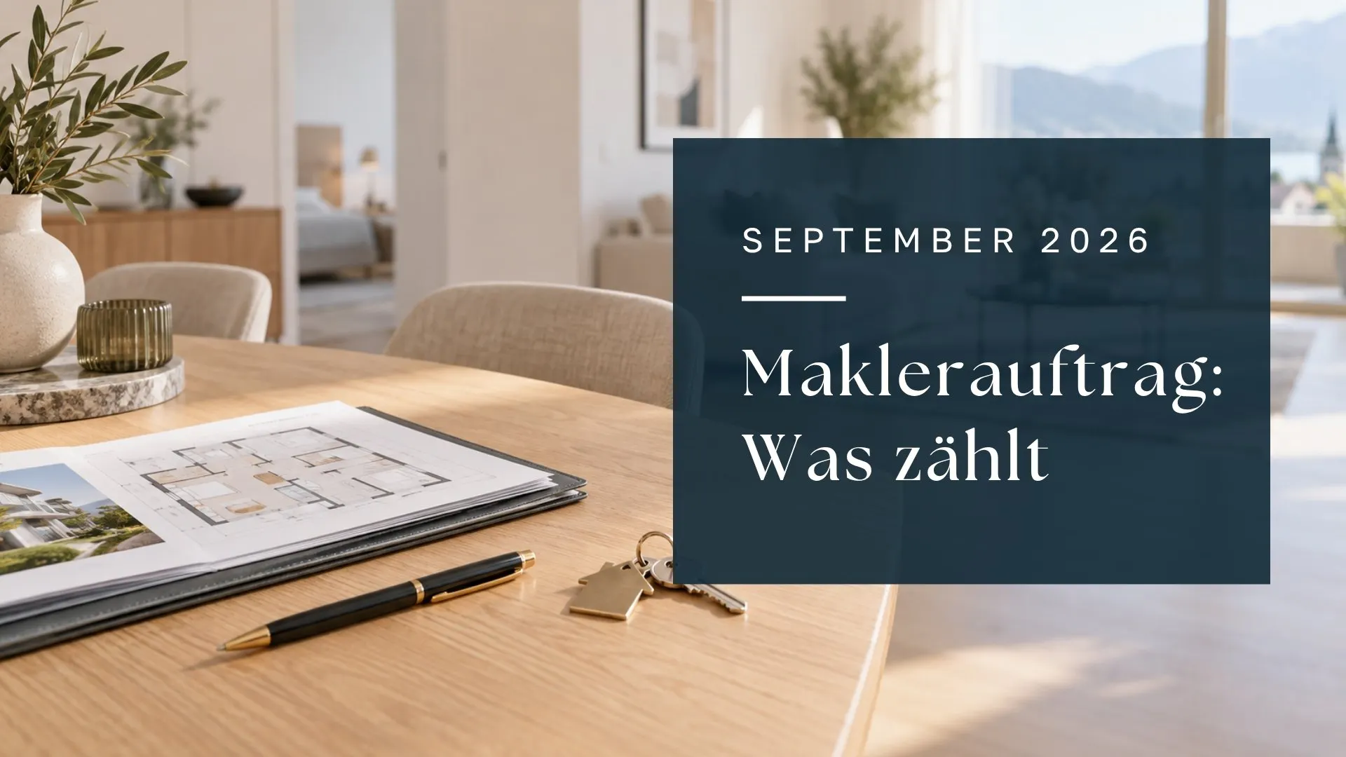 Immobilienunterlagen und Schlüssel auf einem Tisch; Titel: Maklerauftrag – Was zählt, September 2026.