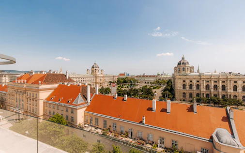 Blick über die historischen Dächer der Wiener Innenstadt mit klassischen Gebäuden und Kirchtürmen unter blauem Himmel.