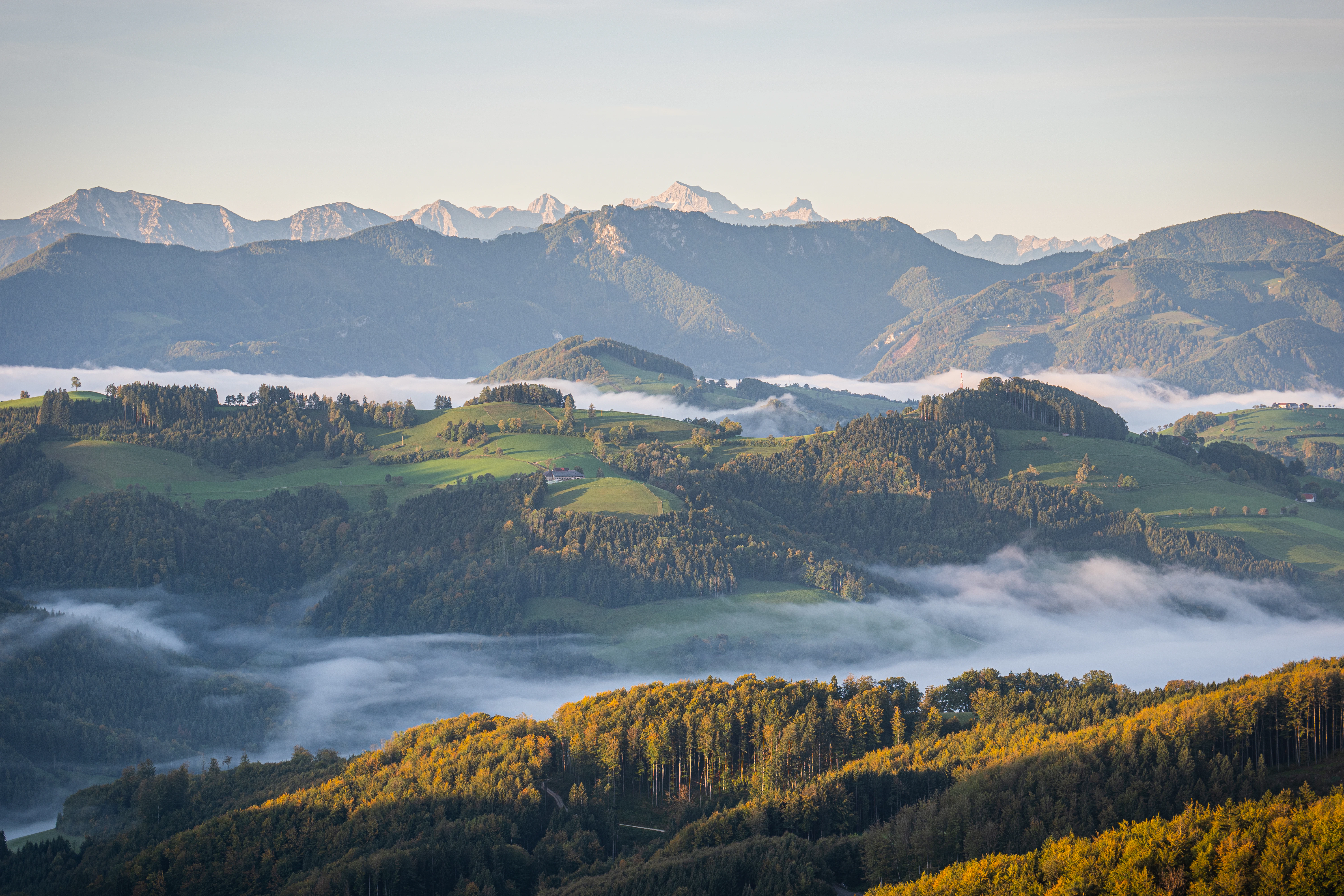 Nebel über sanften Hügeln und Tälern im Salzburger Land mit Bergketten im Hintergrund.