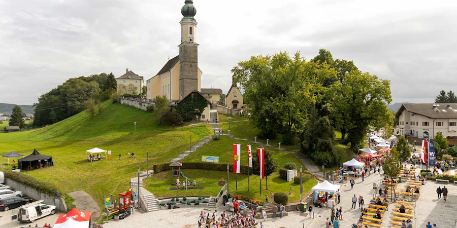 Luftaufnahme einer Kirche auf einem Hügel in Bergheim, umgeben von grünen Wiesen und einem kleinen Ortskern mit Häusern und Straßen.