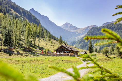 The image shows an idyllic alpine landscape with lush green meadows surrounded by forested mountains. In the center stands a small cabin that radiates peace and a connection to nature – a perfect retreat in the midst of unspoiled surroundings.