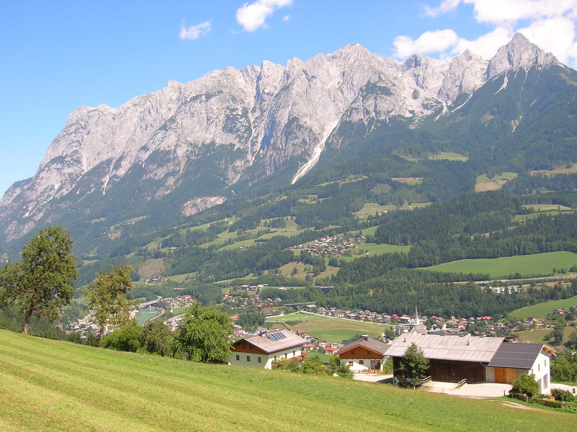 Idyllische Alpenlandschaft mit saftig grünen Wiesen, vereinzelten Häusern und beeindruckender Bergkulisse – ruhig, naturnah und mit hoher Lebensqualität.