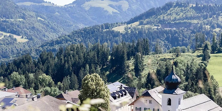 Ein ruhiger Ausblick auf eine grüne Hügellandschaft mit vereinzelten Häusern, eingebettet in die Natur. Im Hintergrund erheben sich sanfte Berge, die dem Bild eine entspannte, alpine Atmosphäre verleihen.