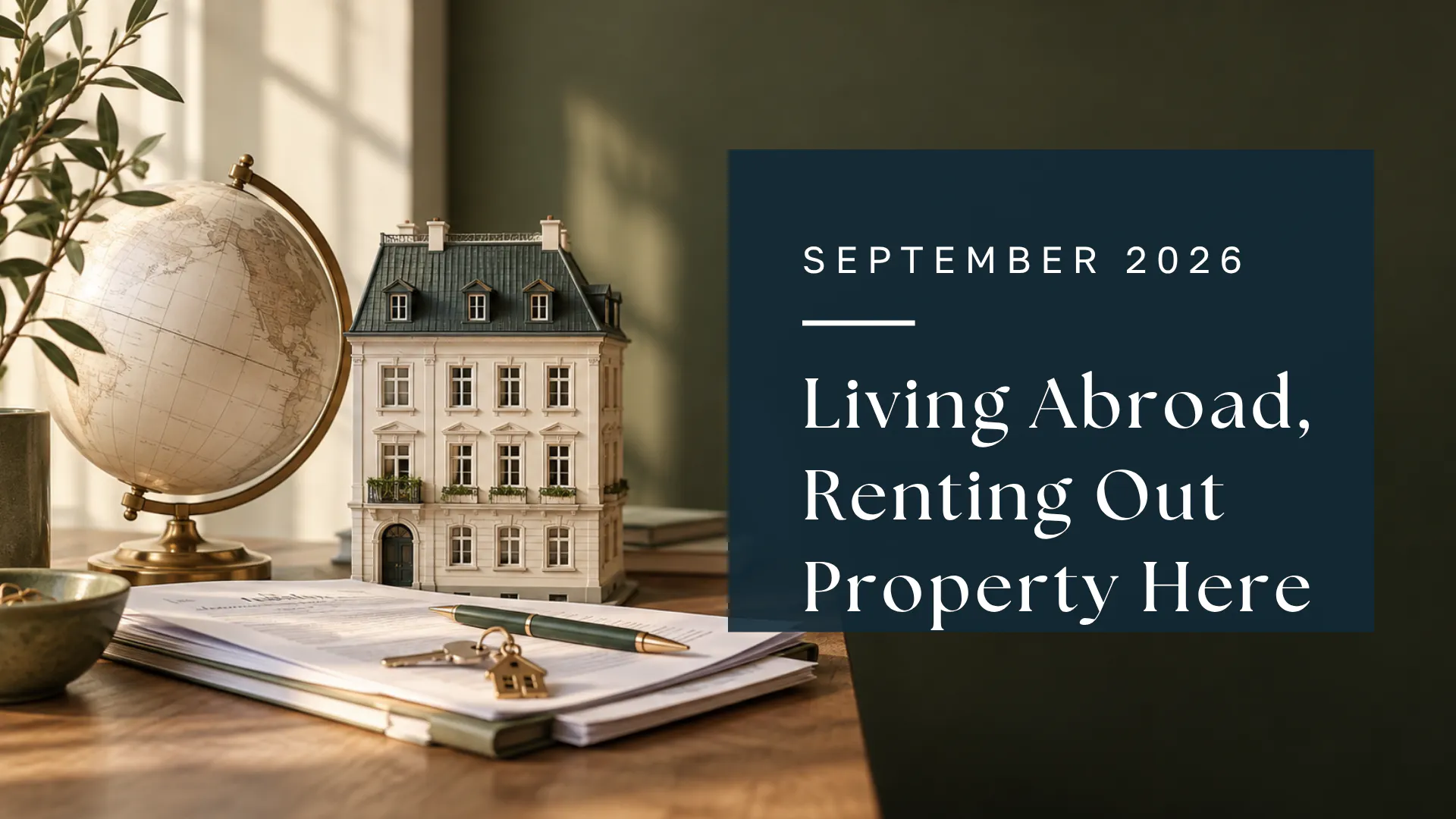 AI-generated illustrative image: globe, model of an Austrian residential building, and documents relating to renting out property from abroad.